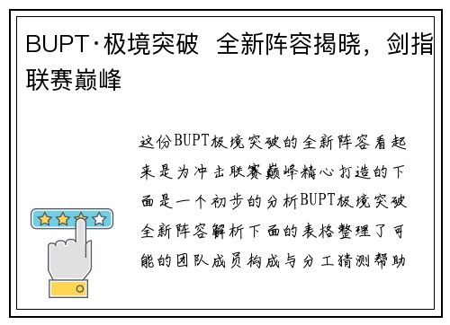 BUPT·极境突破  全新阵容揭晓，剑指联赛巅峰